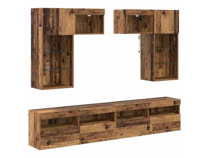 GKHPYURE TV-Einheit zur Wandmontage, 6 Stück, Eiche, Schwarz, Holz 100 x 30 x 40 cm, 4 Türen, 4 Einlegeböden aus Glas, LED-Streifen, Wandmontage