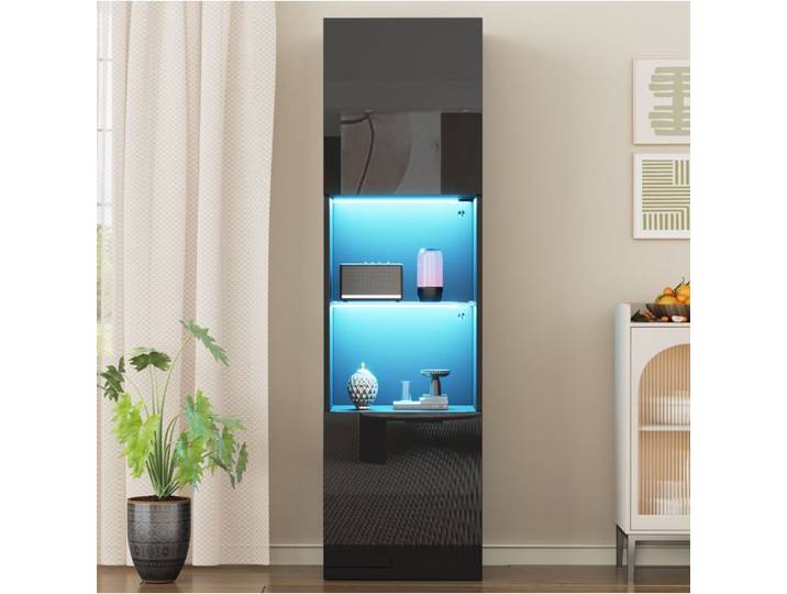 PENQUR Vitrine haute LED noire brillante 2 portes 45 x 35 x 160 cm