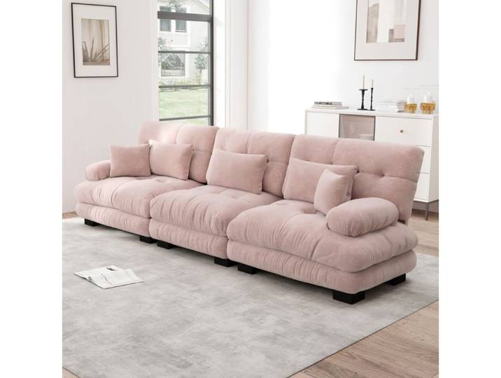 Canape 3 Places Chenille Rose Sofa Droit Design FloraGrace Pour Salon Studio Assise Profonde 313x77x81cm