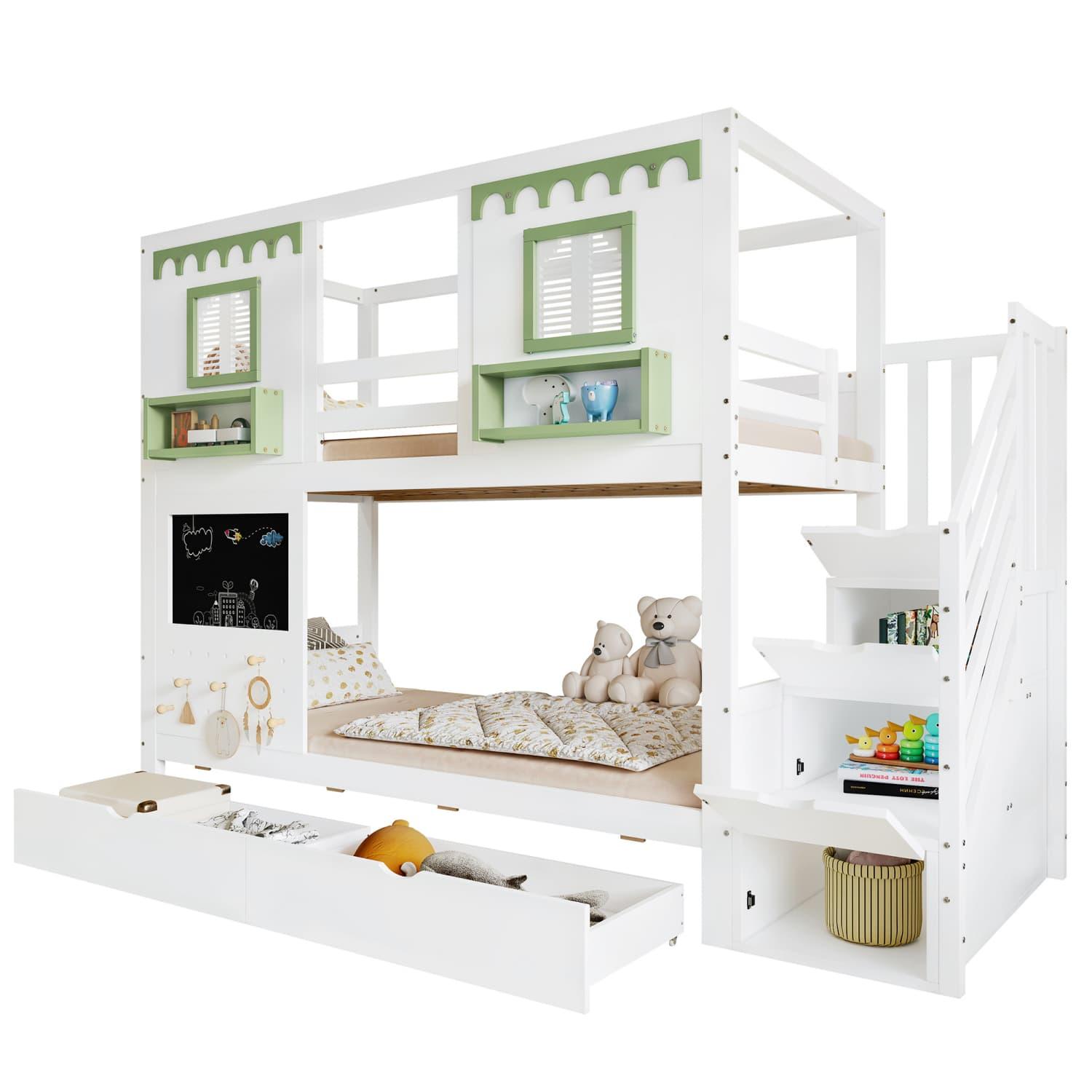 Etagenbett, Kinderbett, Mit kleinem Lochbrett-Bereich + 5 mitgelieferten Holzhaken,2 Schubladen,Mit Treppenaufbewahrungs-Schrank,Kiefer+MDF+Sperrholz