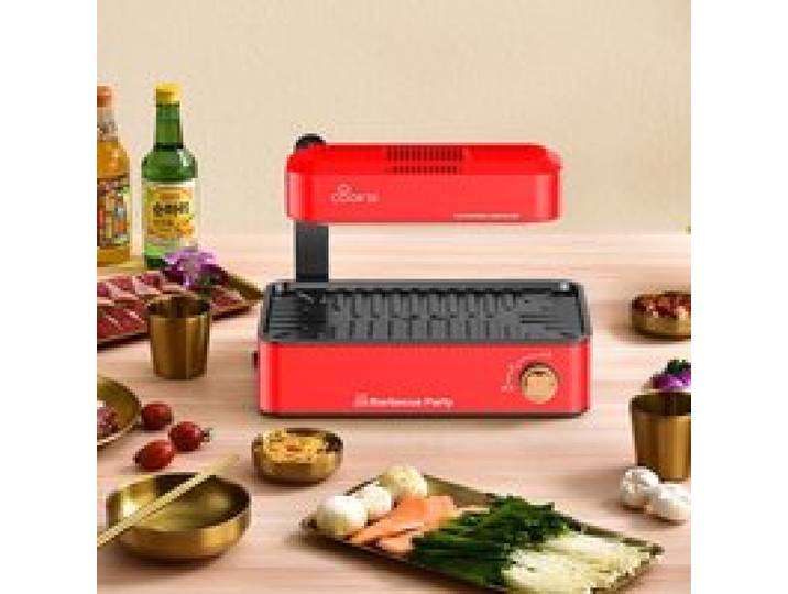 Gril électrique de table infrarouge rouge et noir plaque rainurée antiadhésive amovible réglage rotatif pour viandes et légumes