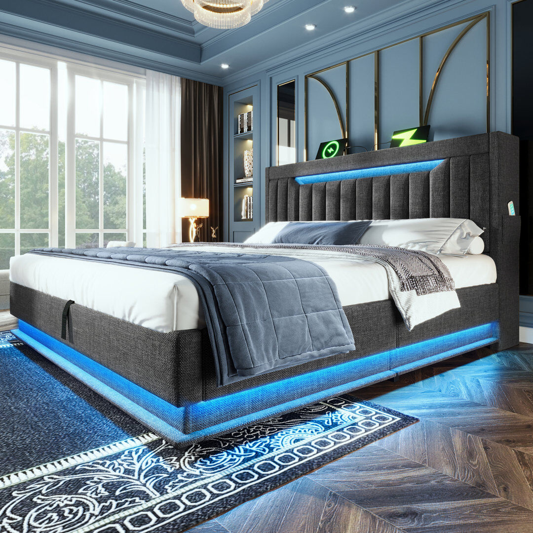 Harriet Bee Coopersburg Upholstered Ottoman Storage Bed With LED Lighting Grey Double (4'6)