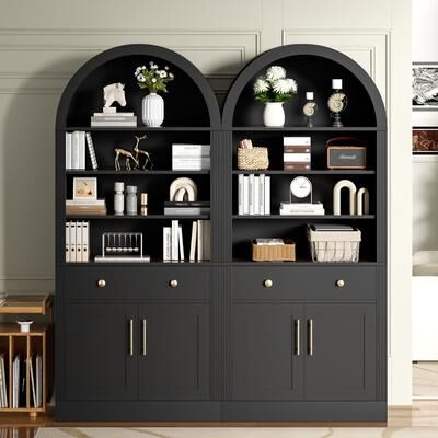 Cusp Barn "70.9"" Tall Modern Arched Bookshelf Set with Storage Cabinet, Kitchen Pantry Cabinet with Drawer Doors and Adjustable Shelves"