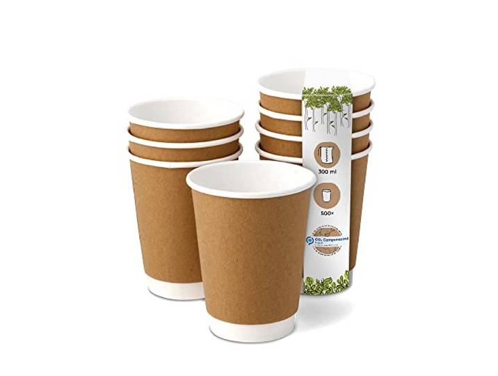 BIOZOYG 500 Stück Kaffeebecher isolierte Pappbecher 300ml / 12 oz Ø 90 mm weiß/braun - doppelwandig plastikfrei nachhaltige Materialien - Einwegbecher Glühweinbecher