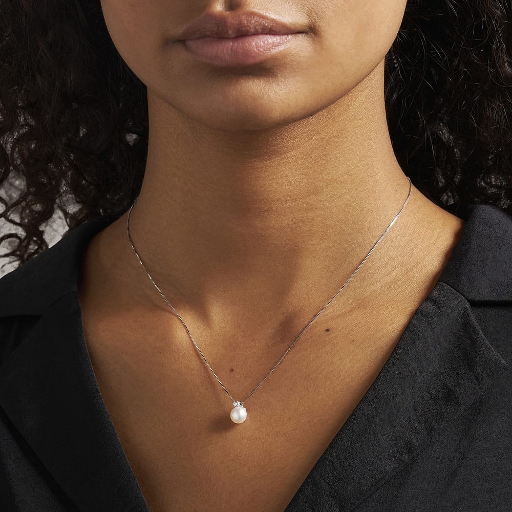 Collier Cleor En Or 375/1000 Blanc Et Perle De Culture Femme