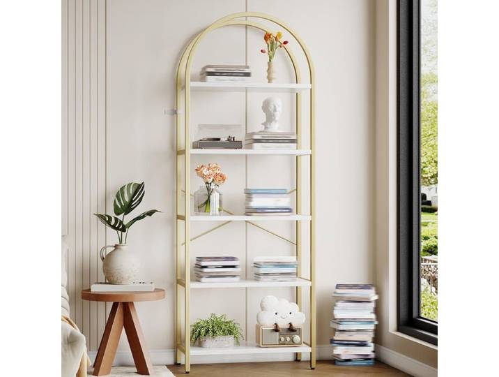 Bibliothèque arquée à 5 niveaux - LUNSY - 60x28x180 cm - Blanc et Or - Style industriel - Grande capacité de rangement