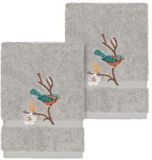 Authentic Hotel and Spa Turkish Cotton Blue Bird Embroidered Light Grey 2-piece Washcloth Set