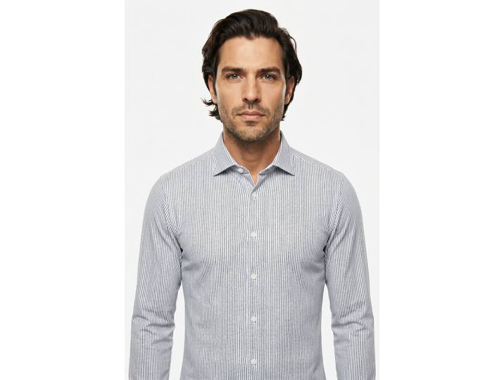 Langarmhemd OLYMP 24/7 - Level 5 , Herren, Gr. 42, N-Gr, blau (marine), Jersey, Obermaterial: 86% Polyamid, 14% Elasthan, gestreift, 2-Knopf-Manschette, Hemden Langarmhemd, Flex Jersey, body fit, Anti Smell, Kentkragen