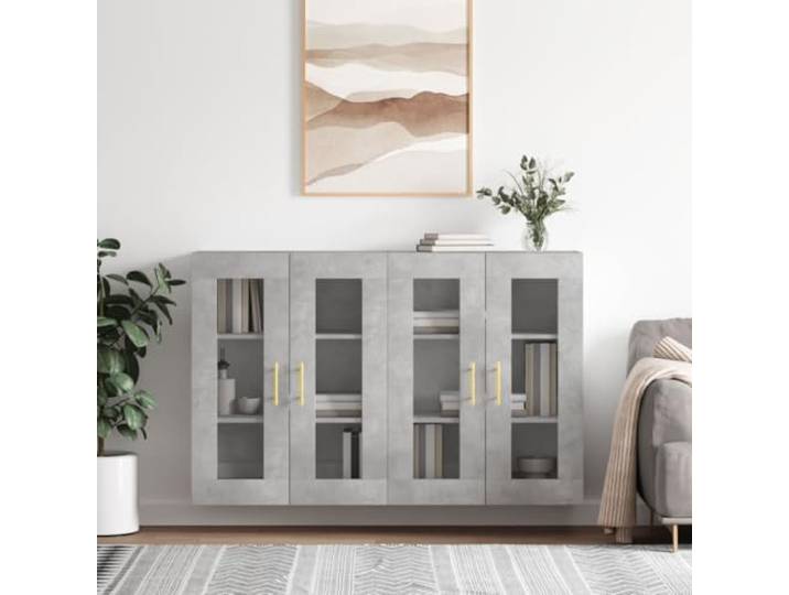 Jkghdrt Wandschraenke 2 STK. Betongrau Holzwerkstoff Haengeschrank Wandmontage, Glastueren, als Sideboard-Aufsatz nutzbar, robustes Holzwerkstoffmaterial