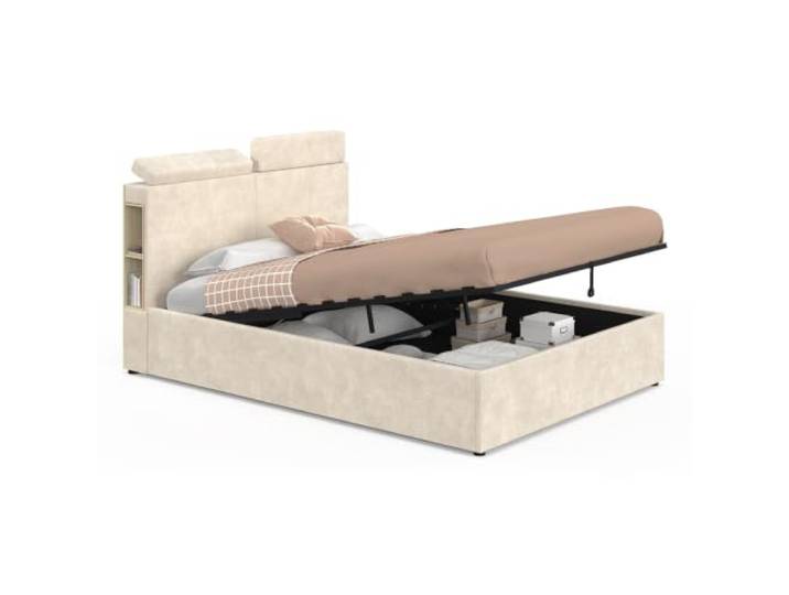 IDMarket - Doppelbett mit Stauraum Bastian mit verstellbaren Kopfstützen und Lattenrost 140 x 190 cm, beige Samt