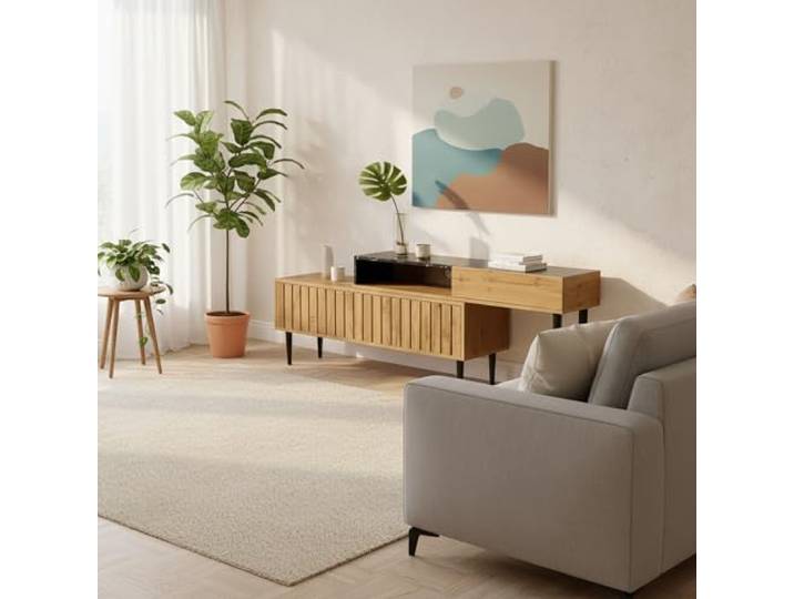 FurnitureR TV-Lowboard mit Marmor- & Holzdekor, stabile Eisenbeine & offene Regale für Fernseher & Multimedia-Geräte