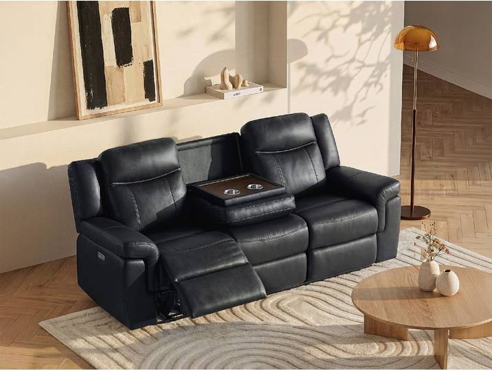 Relaxsofa elektrisch 3-Sitzer - Leder - Schwarz - mit Getränkehalter - KENNETH