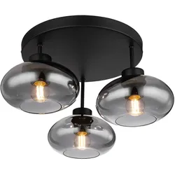 Lampenschirm Rauchglas Deckenleuchte Deckenlampe schwarz Retro, 3 flammig, Metall Glas rauchfarben, 3x E27 Fassungen, DxH 40x24cm