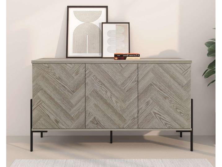 Sideboard GOODPRODUCT Eadwine , beige (eichefarb.), B:130cm H:75cm T:38cm, MDF, Sideboards, Sideboard, Kommode, Push-to-open, Türen mit Fischgräten Muster, Breite 130 cm