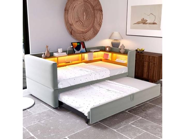 Ball & Cast Polsterbett Ausziehbares Schlafsofa 90/180 * 190cm, ausgestattet mit LED Leuchten, Steckdosen und vielen Ablagefächern, Polsterbett, Multifunktionsschlafsofa, Einzelbett, Hellgrau