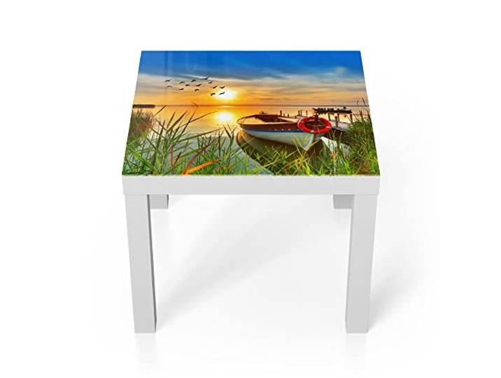 DEQORI Glastisch weiß klein 55x55 cm Motiv Boot am Steg auf Madeira ausgefallener Beistelltisch aus Glas Hochglanz Couchtisch fürs Wohnzimmer moderner Couch Tisch mit Design
