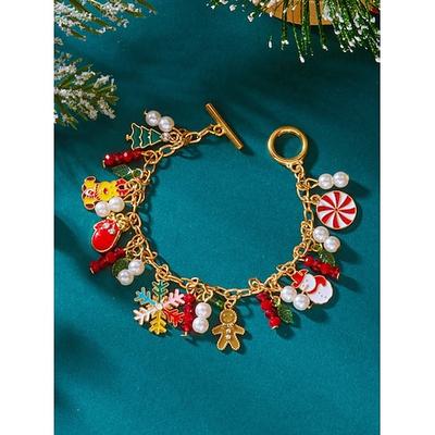 Weihnachts-Charm-Armband für Damen, festliches Gold mit Weihnachtsmann, Schneemann, Lebkuchen und Weihnachtsschmuck, perfektes Weihnachtsgeschenk