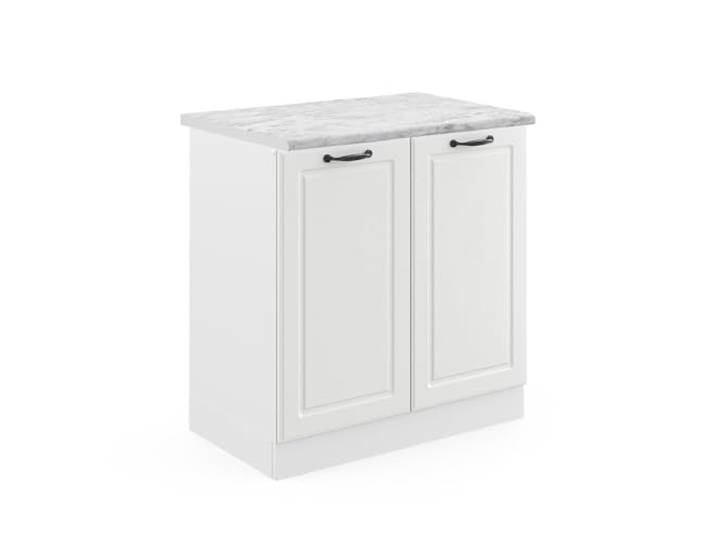 Vicco Spülenunterschrank R-Line, Weiß Landhaus, 80 cm MDF-Front · Arbeitsplatte Marmor · Höhenverst. Füße · Großer Innenraum · Frei kombinierbar