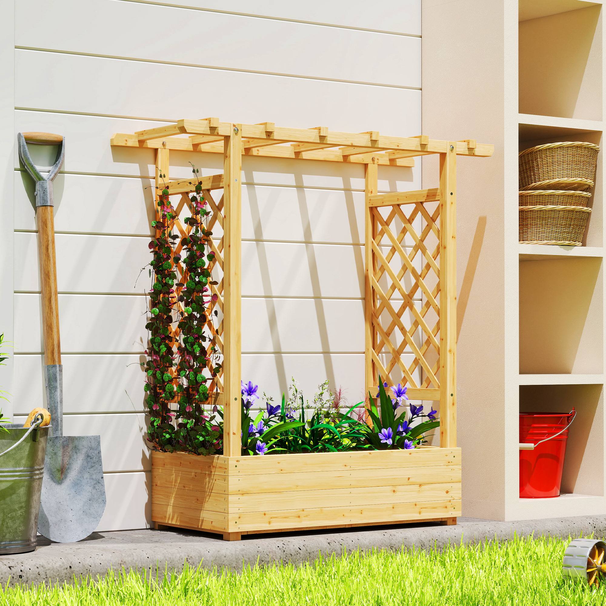 Outsunny Fioriera rialzata con graticcio laterale e superiore, vaso da fiori, fori di drenaggio, 110x44x113 cm, legno naturale   Aosom Italy