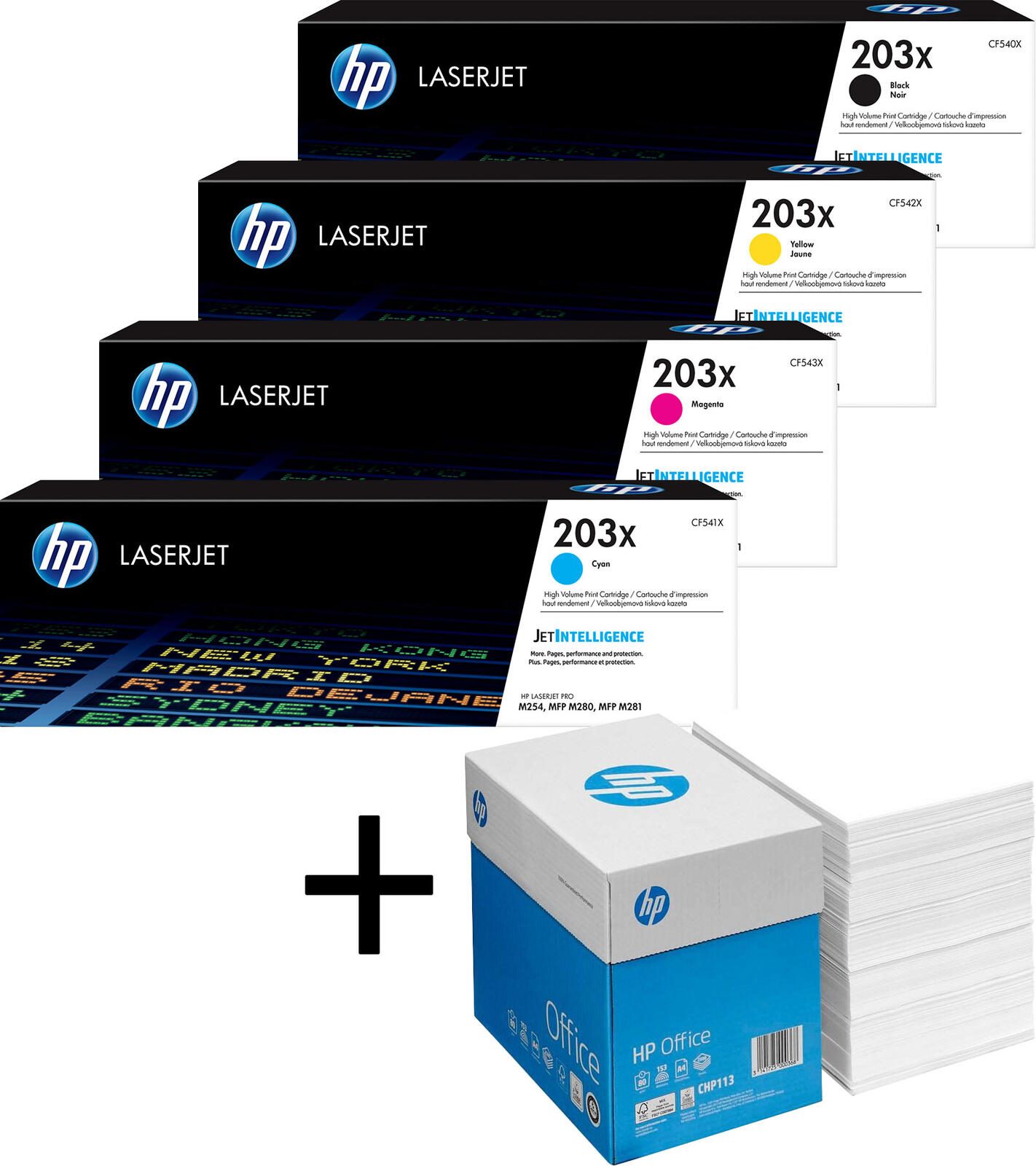 HP Inc. Bundle mit HP Original 203X Toner 4er Multipack + 2.500 Blatt HP Kopierpapier hochweiß OP203XSET_CHP113