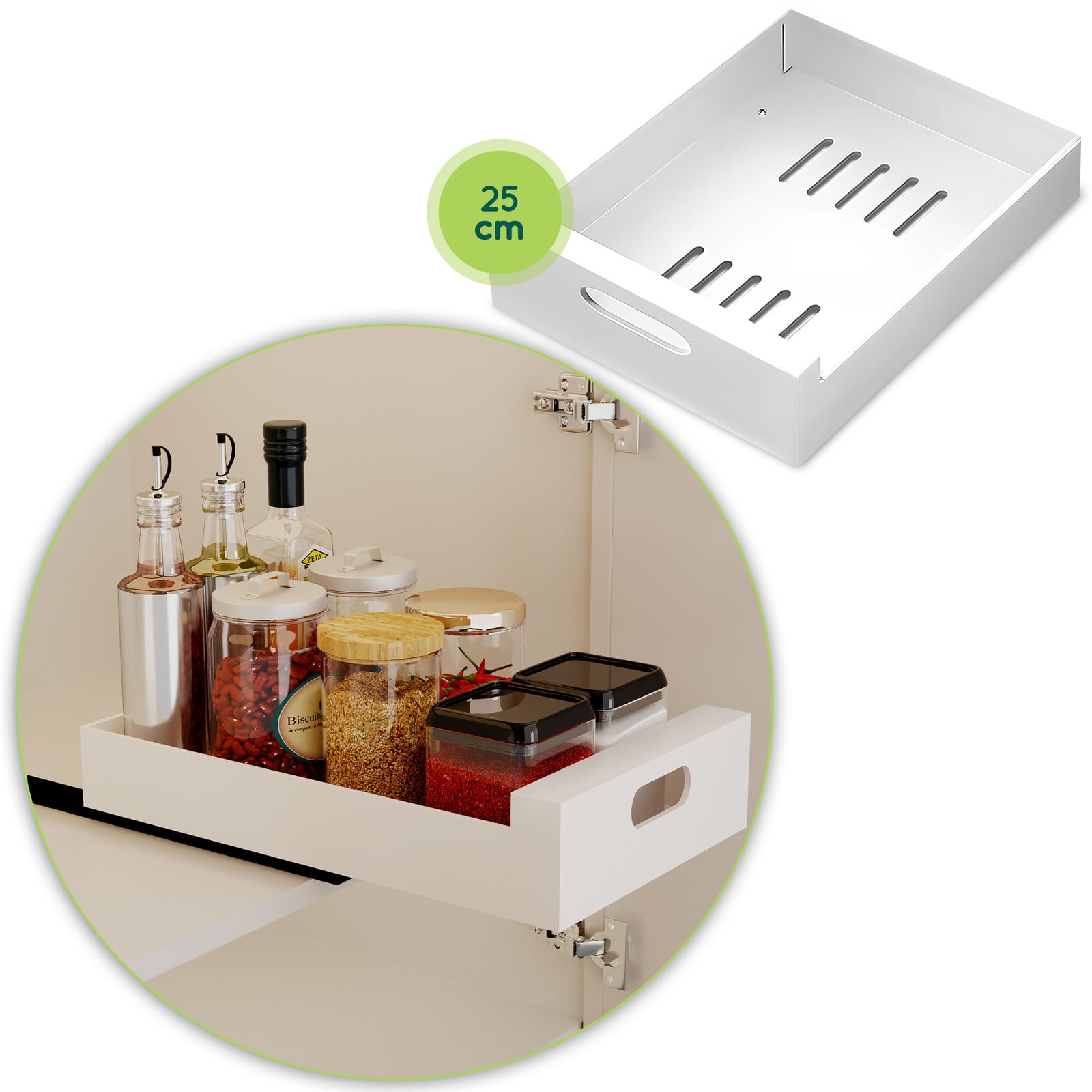 XIVADA Keukenkast Organizer Schuiflade Aluminium Wit - Breedte: 25 cm