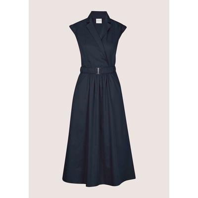 Midikleid MADELEINE "Wickelkleid Sommerkleid mit Gürtel", Damen, Gr. 42, N-Gr, blau (marine), Obermaterial: 100% Baumwolle CO., Modern, figurumspielend, Kleider Midikleid, Reverskragen im Wickelstil