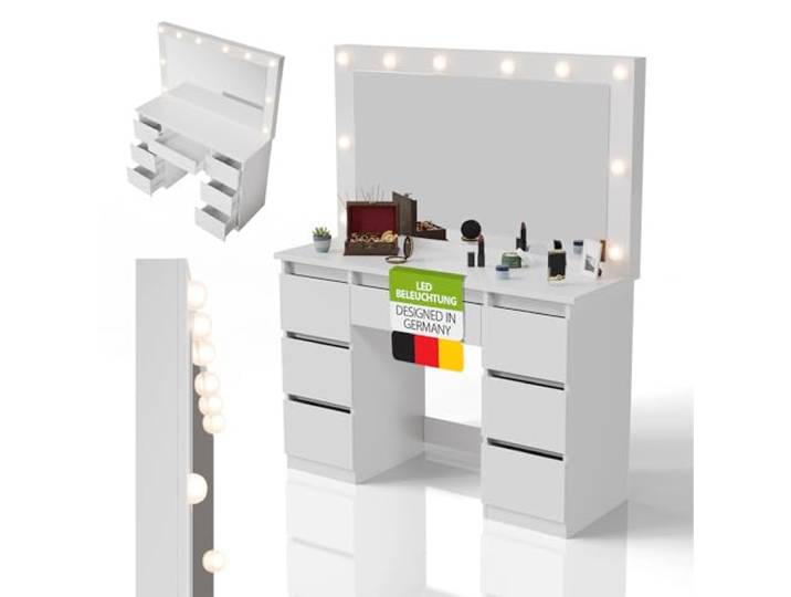 Juskys Schminktisch Lilia mit Beleuchtung, Weiß Make-up Tisch & Dressing Table mit 7 Schubladen, viel Stauraum, kompakt, 10 LED-Lampen, 223 Lumen