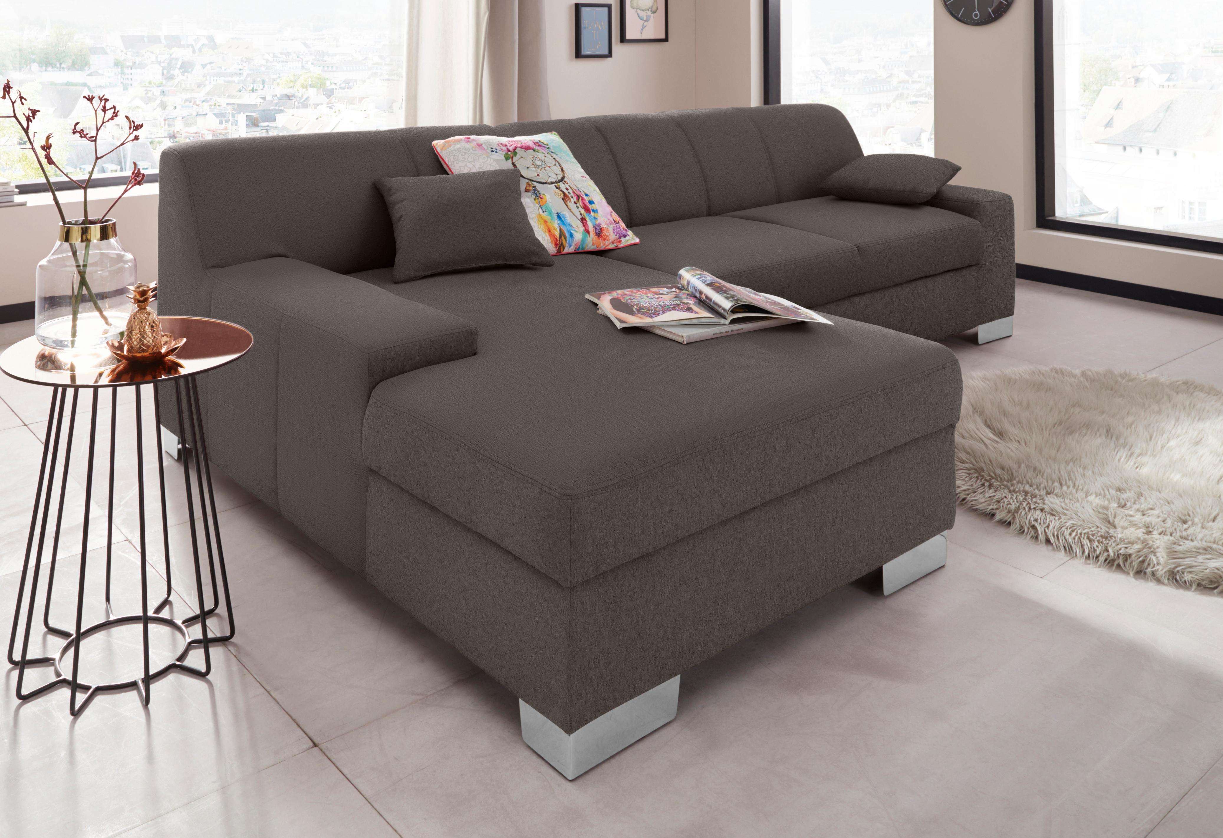Ecksofa DOMO COLLECTION "Bero, elegant und zeitlos, flache Armlehnen, Breite 268cm L-Form", grau (stone), B:268cm H:74cm T:153cm, Feinstruktur (100% Polyester);Luxus-Microfaser (100% Polyester);Zierkissen: Im jeweiligen Bezugsstoff;Struktur fein (100% Pol