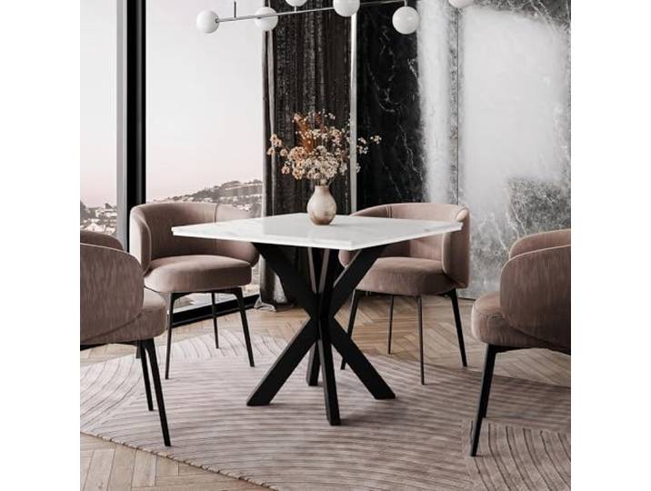 PARI Esstisch quadratisch 90x90 cm Weiß Marmoroptik, kleiner Küchentisch Kleiner quadratischer Esstisch für 2–4 Personen, schwarze Stahlbeine, Tischplatte in weißer Marmoroptik