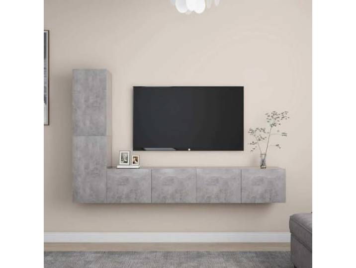 HEFZGDB 4-TLG. TV-Schrank-Set Betongrau Holzwerkstoff Wandmontage Stauraum Organizer
