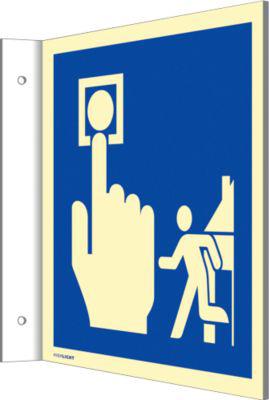 moedel Fahnenschild „Hausalarm/Brandmelder/Evakuierung“, Leuchtklasse C, 160 mcd/m², bis 20 m, L 200 x B 200 mm, Aluminium, blau-weiß