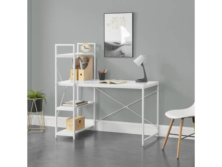 Bureau avec étagères - EN.CASA - Stavanger - Blanc - Métal - Contemporain - Design
