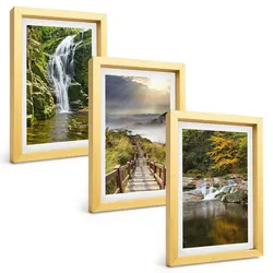 BILDER SET 3er Set - 20x30 cm Goldrahmen - Wasserfälle, Berge, Wolken, Herbst