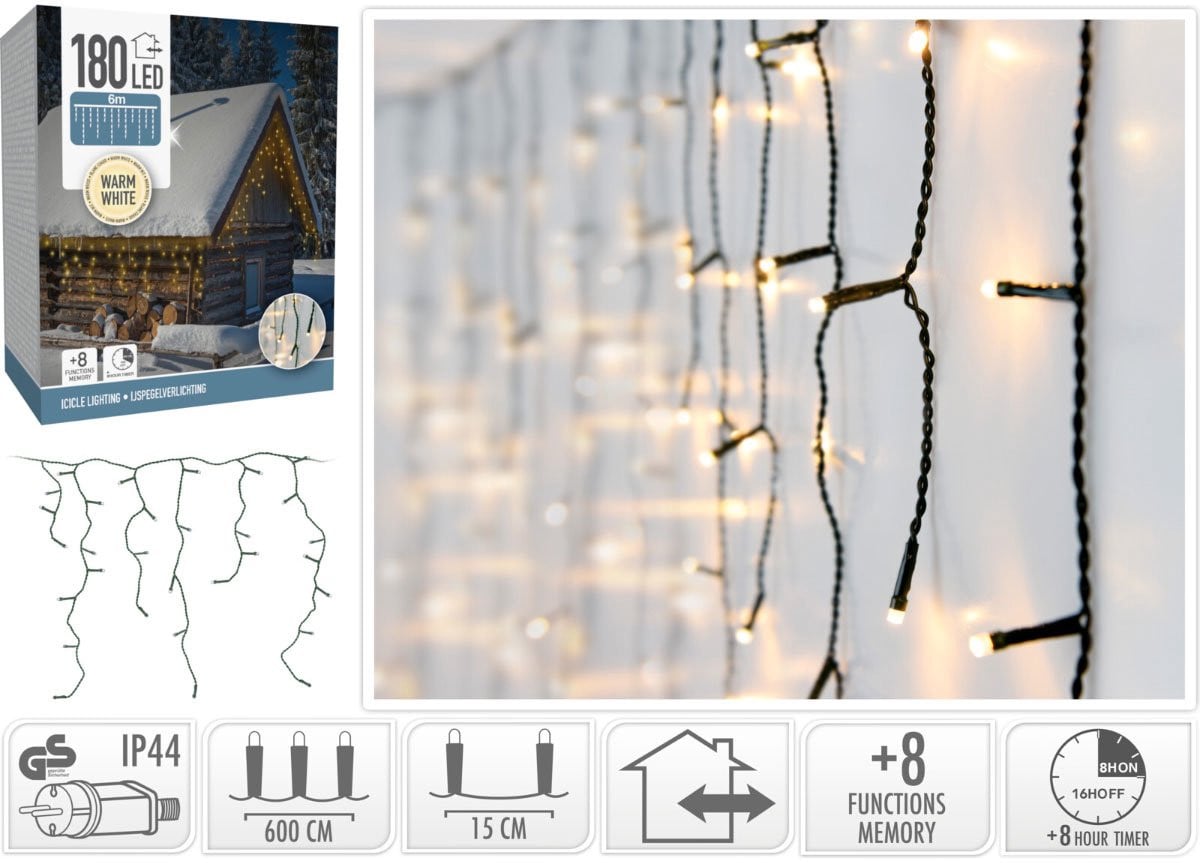 IJspegel verlichting warm wit met 180 LED, 6 meter, timer en lichtfuncties