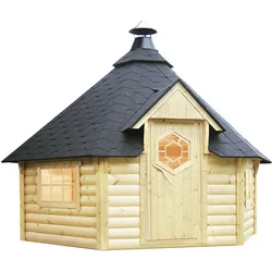 Wolff Finnhaus Grillkota Kalle 3833 45 mm - mit schwarzen Dachschindeln naturbelassen Mit Grillanlage