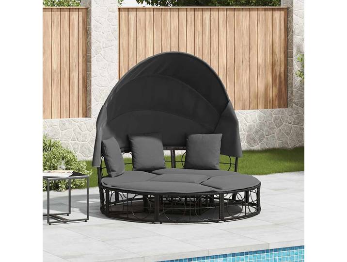 vidaXL Outdoor-Loungebett mit Dach und Kissen Schwarz Poly Rattan