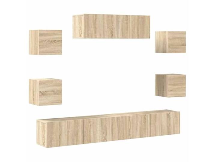 KUPTYERFG 7-TLG. TV-Schrank-Set Wandmontage Lowboard Sonoma-Eiche Schwebendes Hängeschrank-Set aus Holzwerkstoff für Wohnzimmer und Schlafzimmer bietet flexiblen Stauraum.