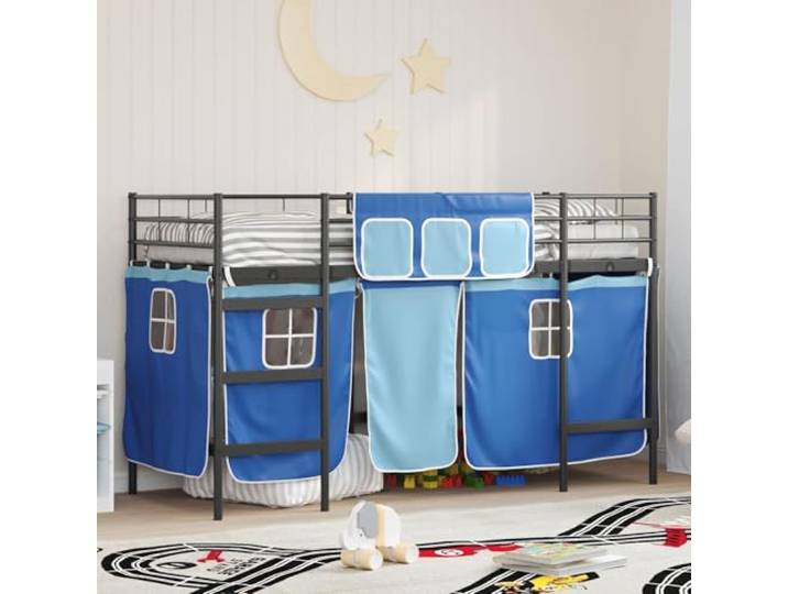 Metallgestell mit Vorhängen Schlafzimmer Rückzugsort Hochbett Schwarz 74 5 Kinder Loft Bettgestell mit Vorhängen Schwarz und Blau Hochbett Metall Rahmen mit Vorhang Stabile Kindermatratze Abenteuer