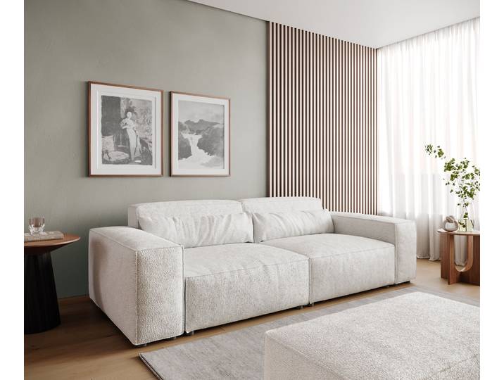 Big-Sofa Sirpio 230x95 cm Bouclé Creme-Weiß mit Hocker, Big Sofas