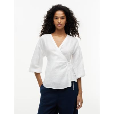 Wickelbluse TOMMY HILFIGER "SUMMER LINEN WRAP TIE BLOUSE", Damen, Gr. 44, weiß (th optic weiß), Web, Obermaterial: 100% Leinen, unifarben, normal, V-Ausschnitt, Blusen, Leinen