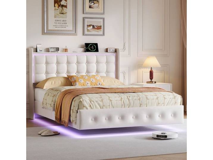 Lit Double Rembourré 160x200 cm avec LED et USB Cadre de lit double Sommier à Lattes Effet Visuel Flottant Velours Blanc