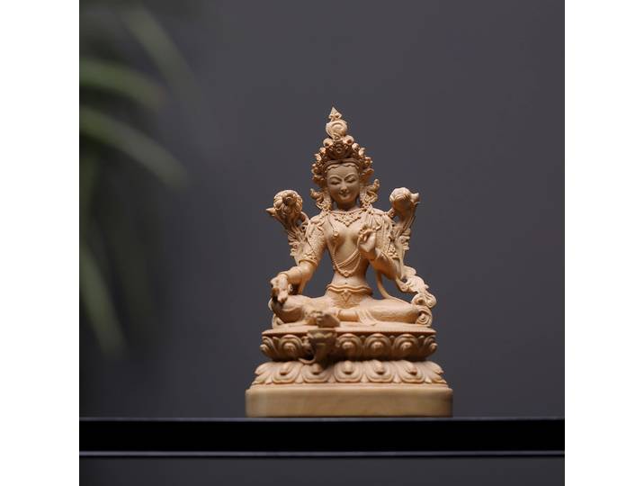 Statue de Divinité Bouddhiste Tara Verte Sculptée à la Main en Buis, Figurine Ornementale pour Protection Spirituelle, Autel Domestique, Temple, Décoration de Bureau