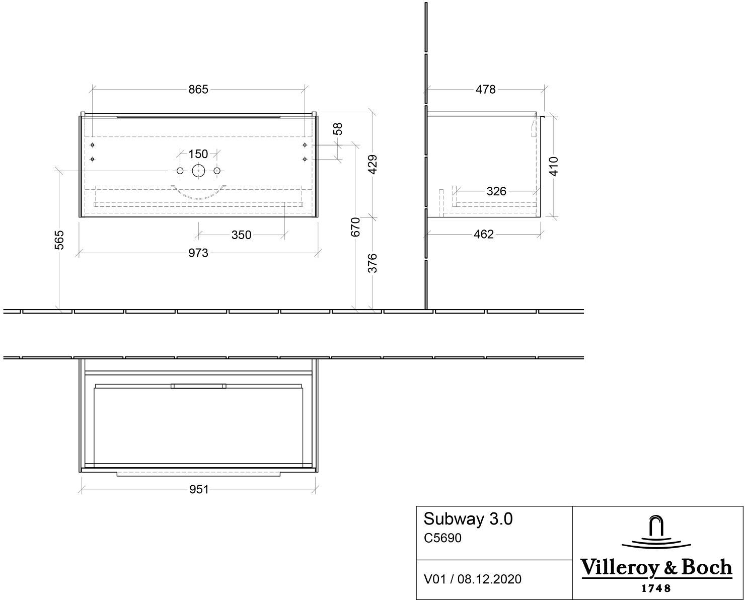 Villeroy & Boch Subway 3.0 Badmöbel-Set 100 cm, Griff in Möbelfarbe, 1 Auszug