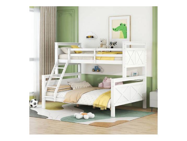 MODFU Bett Holzbett mit schräger Leiter (Stockbett, Etagenbett, mit Sicherheitsgeländer, umbaubar in 2 getrennte Betten), Ohne Matratze