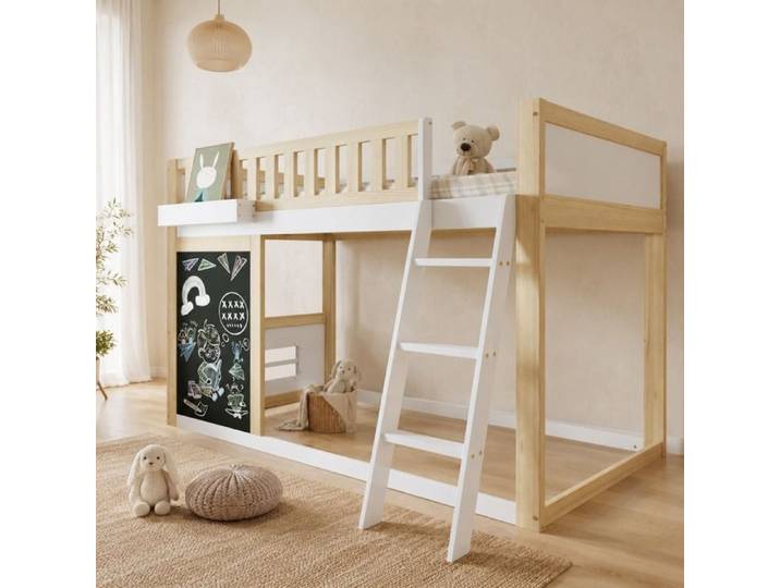 VUENOR Lit mezzanine enfant 90x200 cm blanc naturel – tableau noir rangement