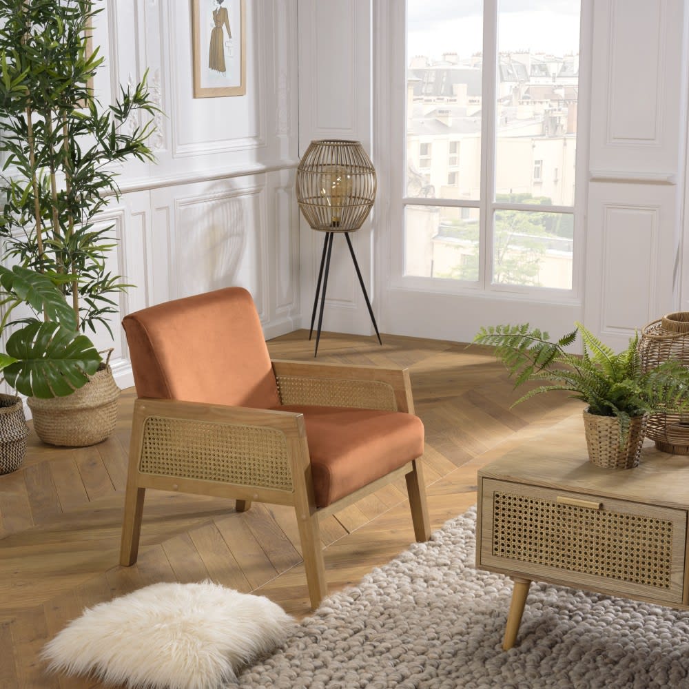 MACABANE Fauteuil velours orange pieds bois et accoudoirs rotin Orange 58x70x68cm