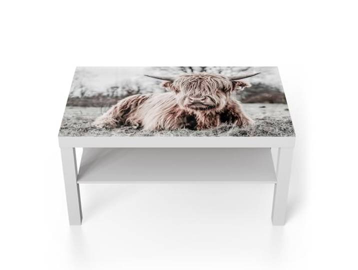 DEQORI Glastisch weiß groß 90x50 cm Motiv Ruhendes Hochland ausgefallener Beistelltisch aus Glas Hochglanz Couchtisch fürs Wohnzimmer moderner Couch Tisch mit Design