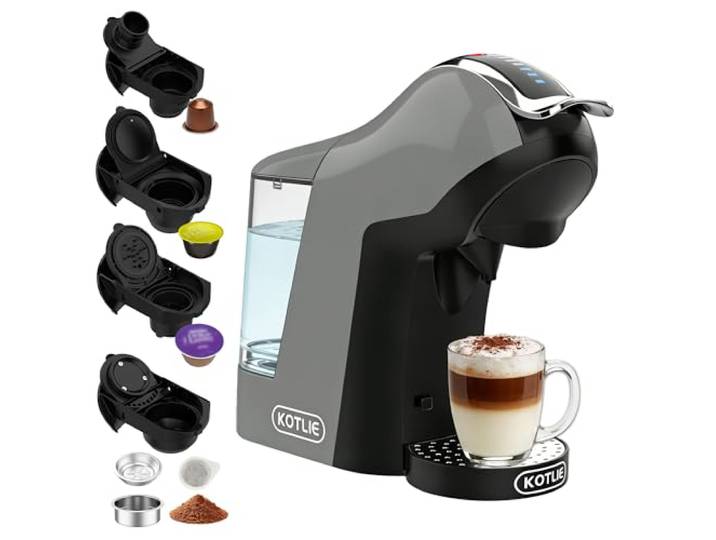 KOTLIE 308B Kapselmaschine, 19 Bar, 3 Temperatur-Modi,Grau 5-in-1: Für NES*Original/DG*/Mio*, Pulver & ESE(44mm), 7 Wasserstufen für deinen Lieblingskaffee.