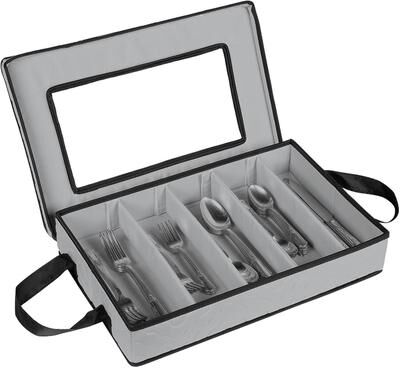 Hold N Storage Flatware Storage Case with 5 Compartments, Removable Lid and Carry Handles, Silverware Organizer Box for Cutlery Storage