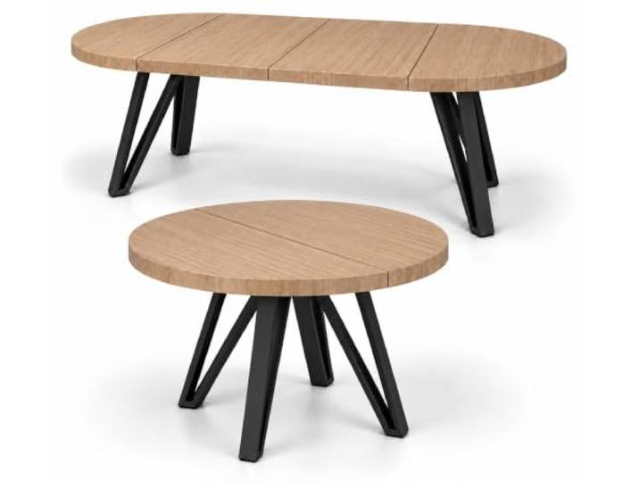 Esstisch rund ausziehbar 90–190 cm, Hellbraun Hikora, Industrial Schwarz 54 mm starke Tischplatte in Eiche Hikora, Schwarze Metallbeine, Runder Tisch, Moderner Wohnzimmertisch und Küchentisch